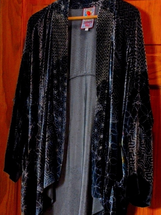 Johnny Was Sweaters - Johnny Was Elegant Black and Gray Velvet Kimono Open Cardigan